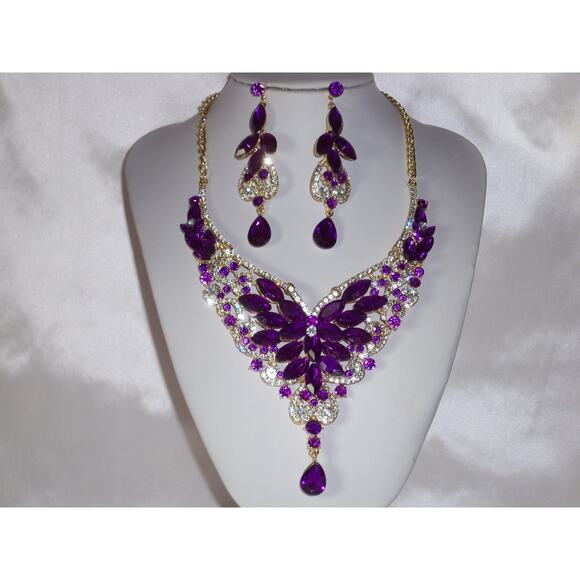 Purple rhinestone necklace set prom party formal evening wedding bridal necklace - Picture 2 of 9